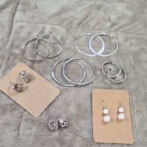 Silvertone Earring Bundle (7) Hoops Pearl Dangles Rhinestones GUC *READ*